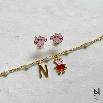 Peppa Pig Bracelet & Studs Set | Personalised 925 Silver Jewellery for Kids | Niashine